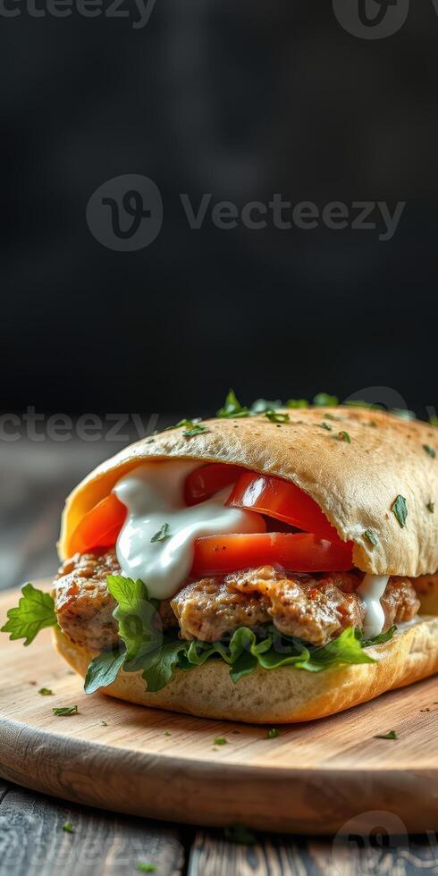 Delicious fresh sandwich with grilled chicken, lettuce, tomato, and creamy dressing on wooden board photo