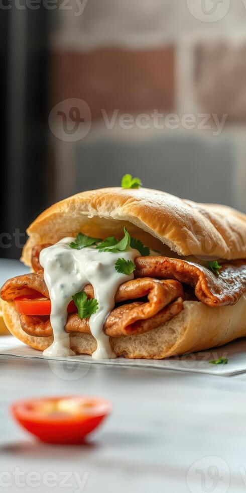 Delicious sandwich filled with spicy meat, fresh herbs, and creamy sauce on a rustic table photo