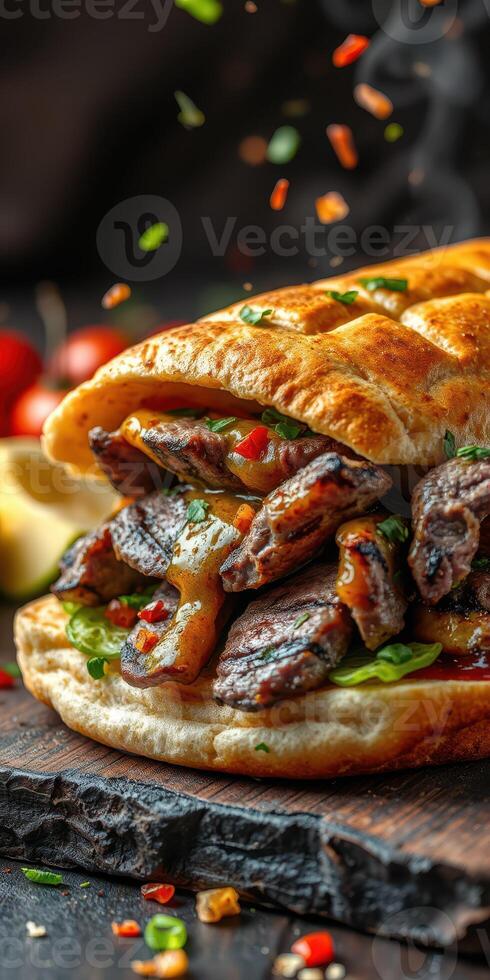 Savory grilled beef sandwich filled with fresh vegetables and herbs at a street food stall photo