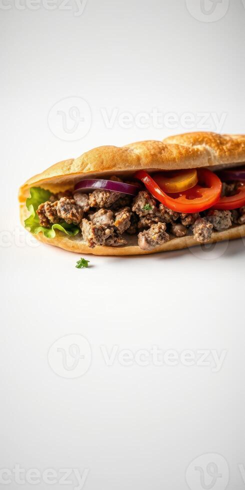 Delicious sandwich filled with savory meat and fresh vegetables served on a classic sub roll photo