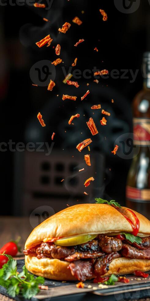 Juicy hamburger with smoke and crispy topping in a vibrant culinary setting photo