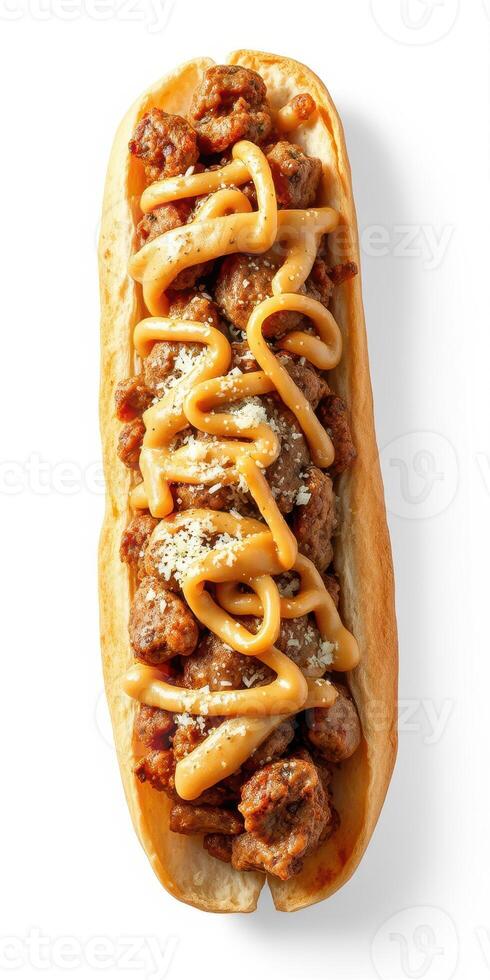 Savory meatball sub loaded with cheese sauce and herbs on a fresh bun photo