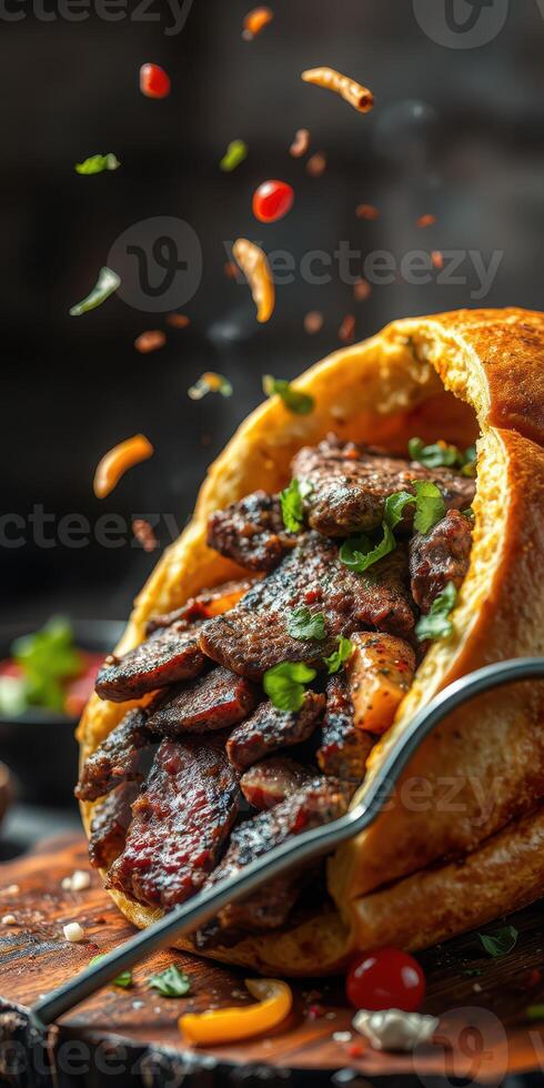 Delicious beef wrapped in a soft bread with spices and garnishes served on a rustic wooden board photo