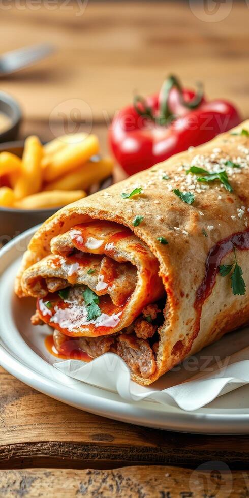 Delicious wrap filled with grilled meat and toppings served with fries and tomatoes on a wooden table photo