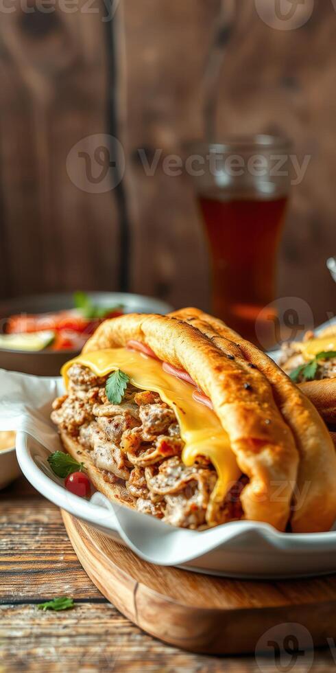 Mouth-watering sandwich filled with grilled chicken and melted cheese served with a refreshing drink at a casual dining setup photo