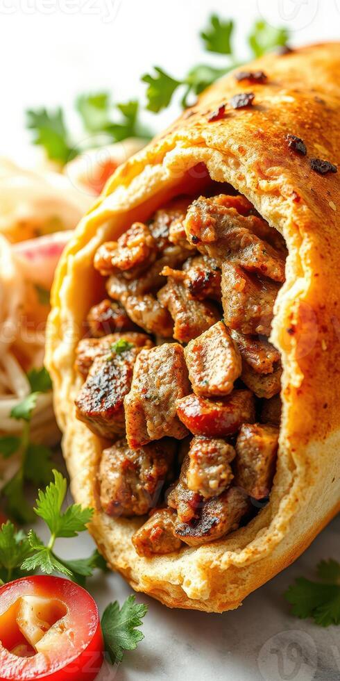 Delicious stuffed bread filled with savory meat and surrounded by fresh vegetables photo