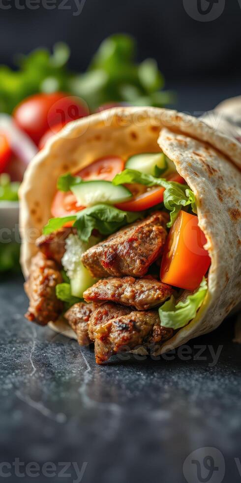 Delicious wrap filled with grilled meat, fresh vegetables, and herbs prepared in a cozy kitchen setting photo