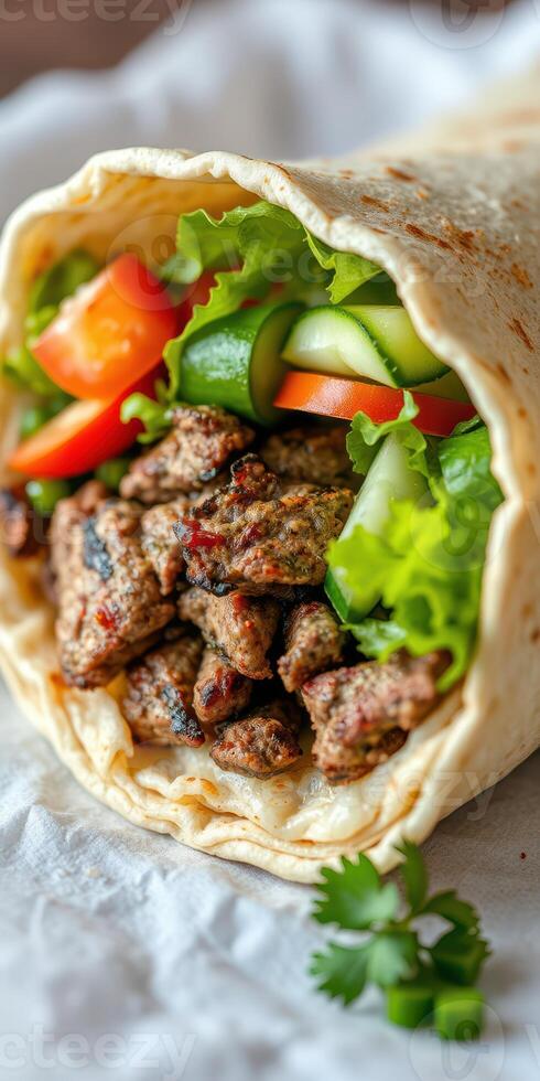 Freshly prepared wrap filled with grilled meat, vibrant vegetables, and greens in a cozy kitchen setting photo