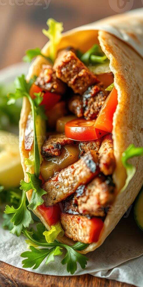 Delicious grilled chicken wrap with fresh vegetables and herbs served on a wooden table photo