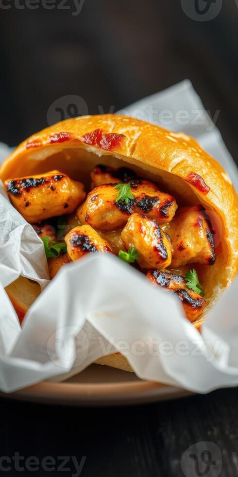 Grilled chicken sandwich with savory spices served in a soft bun on a rustic plate photo