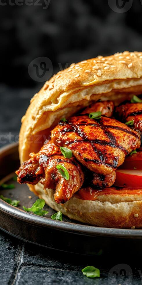 Grilled chicken sandwich with fresh vegetables served on a rustic plate photo