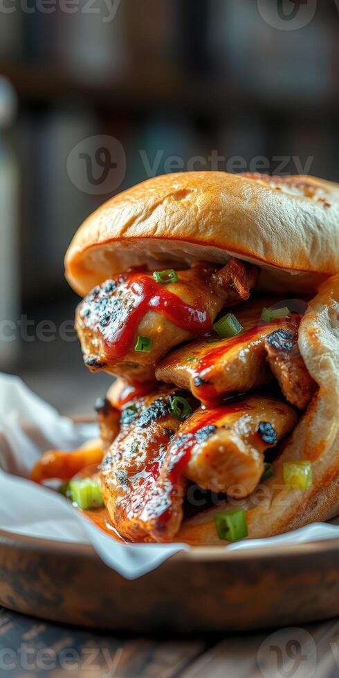 Delicious chicken sandwich with barbecue sauce and green onions on a wooden table photo