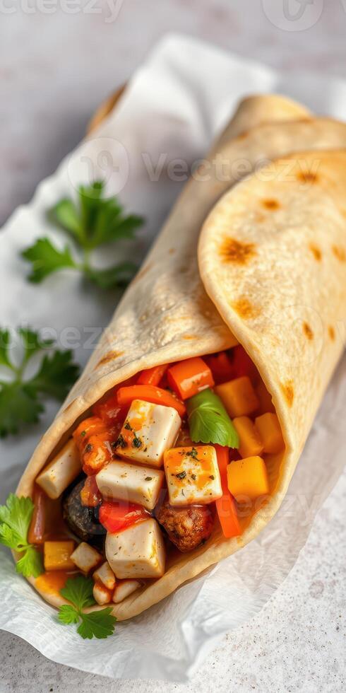Tasty wrap filled with fresh vegetables and tofu on a light background photo