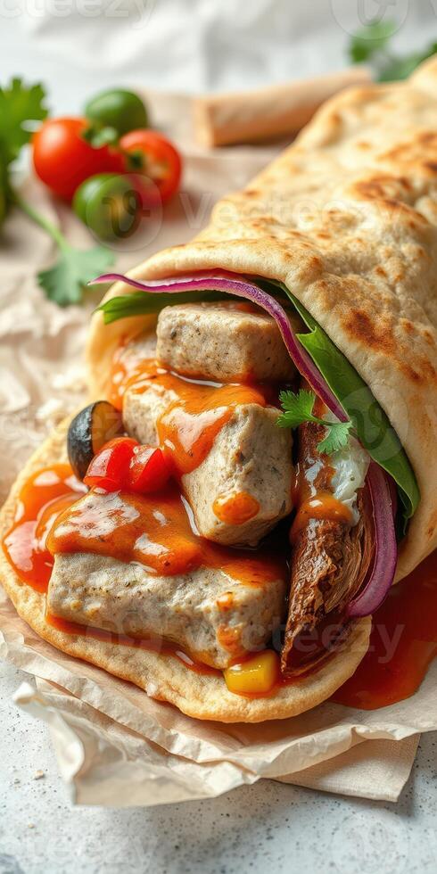Delicious wrap filled with savory ingredients and vibrant sauce ready to be enjoyed for lunch photo
