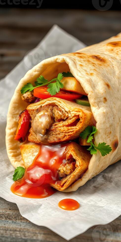 Delicious wrap filled with grilled chicken, fresh vegetables, and savory sauce on wooden table photo