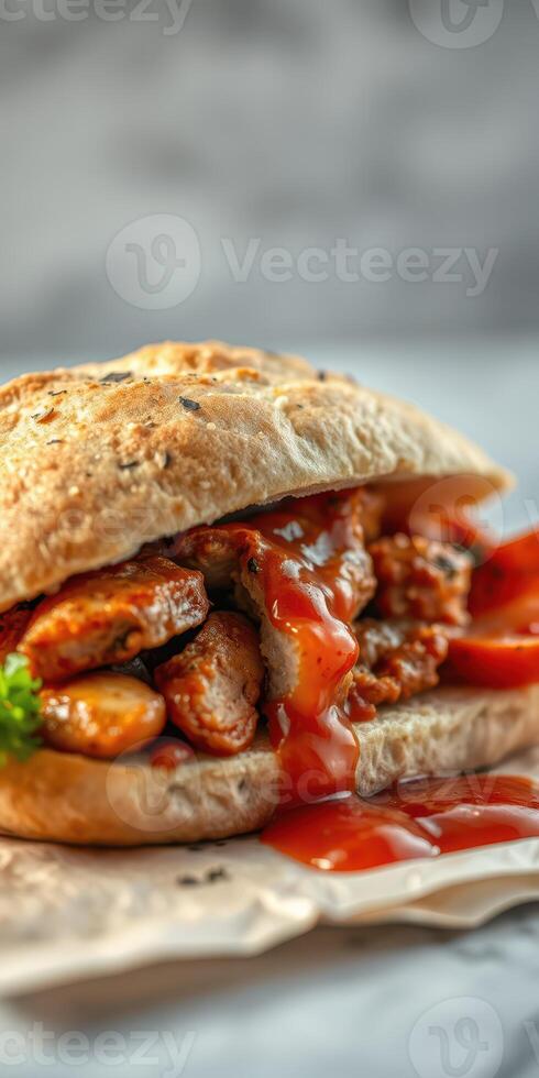 Delicious chicken sandwich with fresh vegetables and tangy sauce served on a rustic table photo