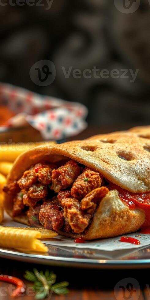 Delicious wrap filled with savory chicken and served with crispy fries at a casual eatery photo