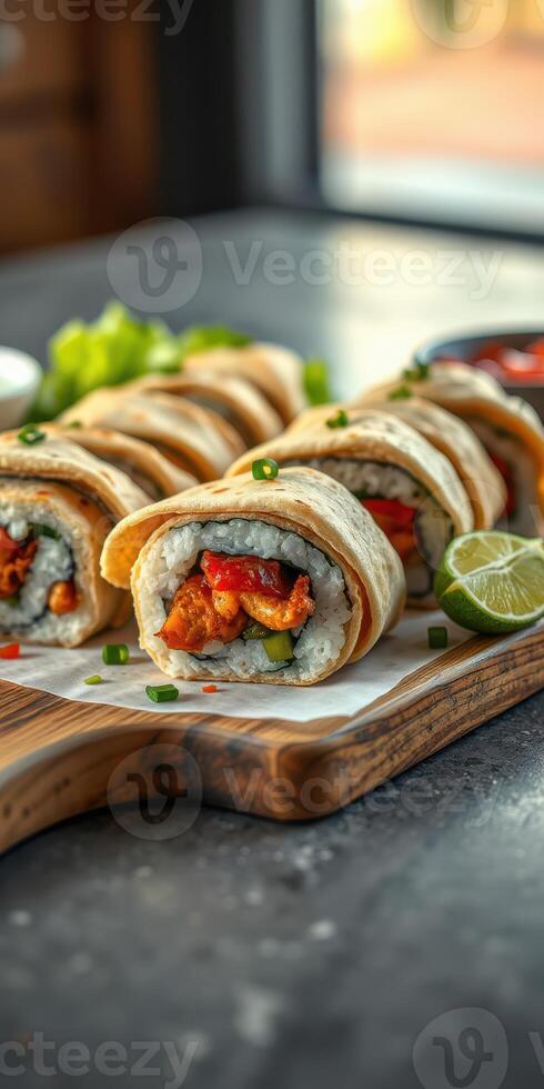 Colorful sushi rolls served on a wooden board with lime and garnishes in a bright restaurant setting photo