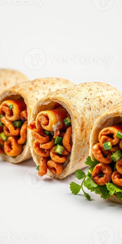 Delicious filling burritos with savory ingredients wrapped in whole wheat tortillas on a neutral background photo