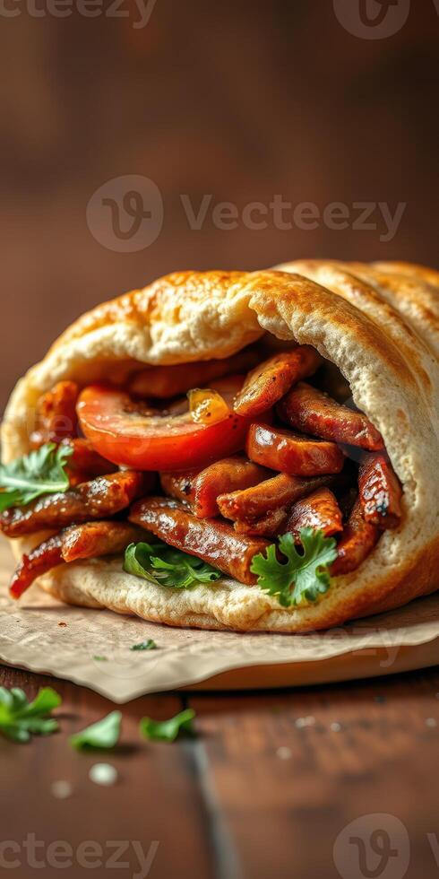 Delicious wrap filled with spiced meat and fresh vegetables served on wooden table photo