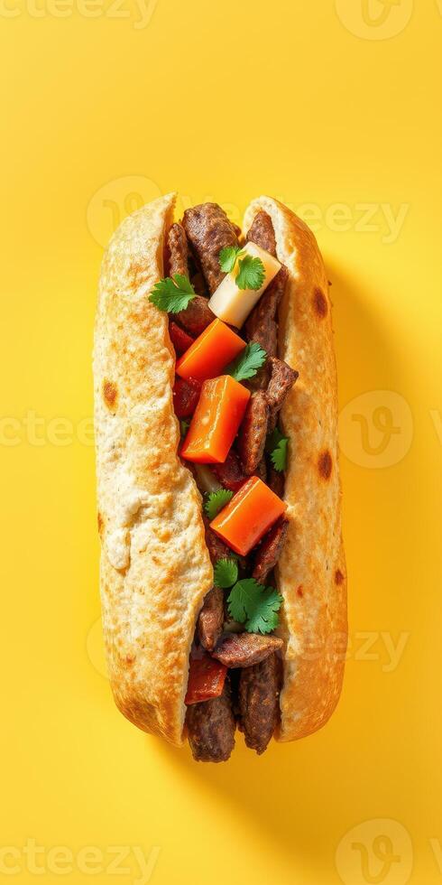 Delicious sandwich filled with savory meat and fresh vegetables on a vibrant yellow background photo