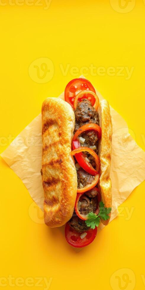 Delicious grilled sausage sandwich with fresh vegetables on a vibrant yellow background photo