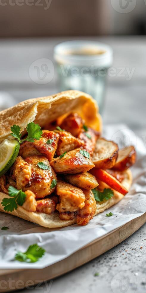 Delicious grilled chicken wrap with fresh vegetables and herbs served on a wooden board photo