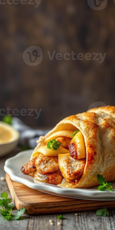 Delicious wrap filled with grilled chicken, cheese, and fresh herbs served on a wooden board photo