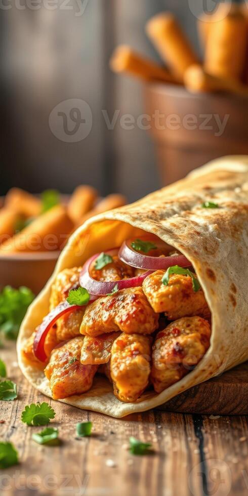 Delicious wrap filled with spicy chicken and fresh vegetables served on a rustic wooden table photo