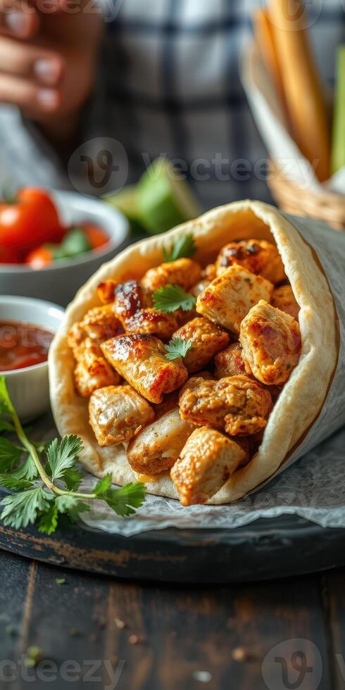 Delicious grilled chicken wrap served with fresh salsa and lime in a cozy dining setting photo