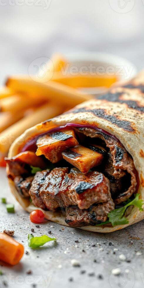 Delicious grilled meat wrap with vegetables and fries on a rustic table photo