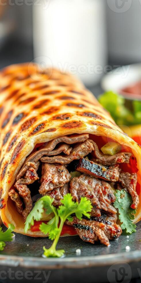 Delicious beef wrap filled with fresh vegetables and herbs served on a black plate photo