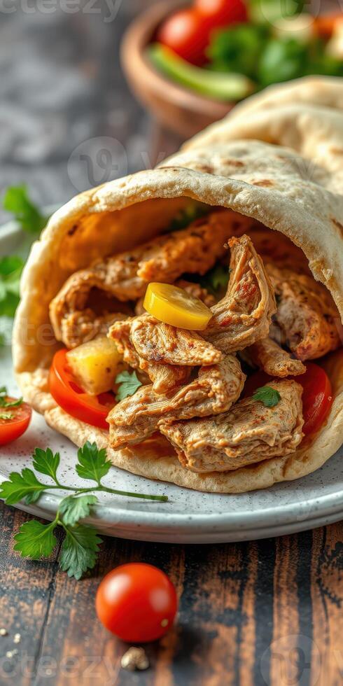 Delicious chicken wrap filled with fresh vegetables ready to be enjoyed at a casual dining setting photo