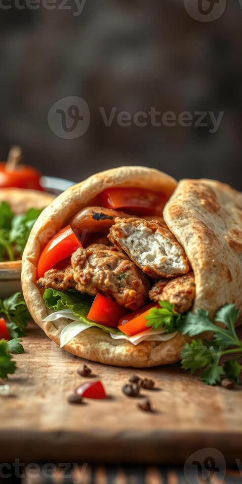 Delicious wrap filled with savory ingredients and fresh vegetables in a warm setting photo