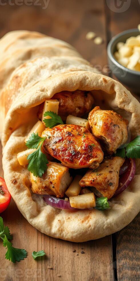 Grilled chicken wrap filled with fresh vegetables and herbs served on a wooden table photo