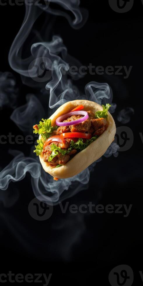 Delicious sandwich with fresh ingredients floating above smoke on a dark background photo