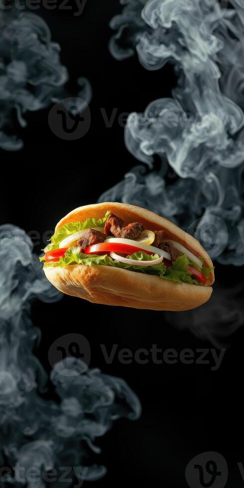 Delicious sandwich with fresh vegetables and smoked meat floating in a smoky background photo
