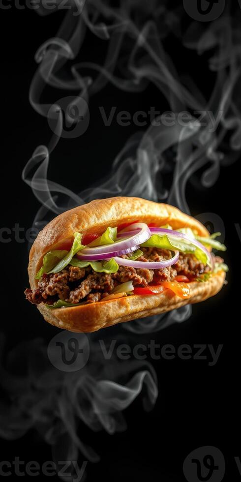Delicious fresh sandwich with steaming ingredients served against a black background photo