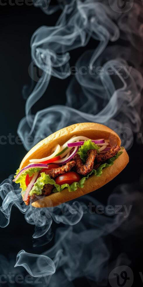 Delicious sandwich with grilled meat, fresh vegetables, and smoke effect creating an appetizing atmosphere photo