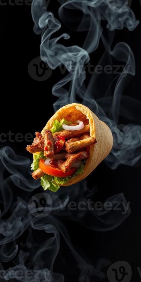 Delicious wrap filled with grilled meat, fresh vegetables, and smoke for added flavor photo