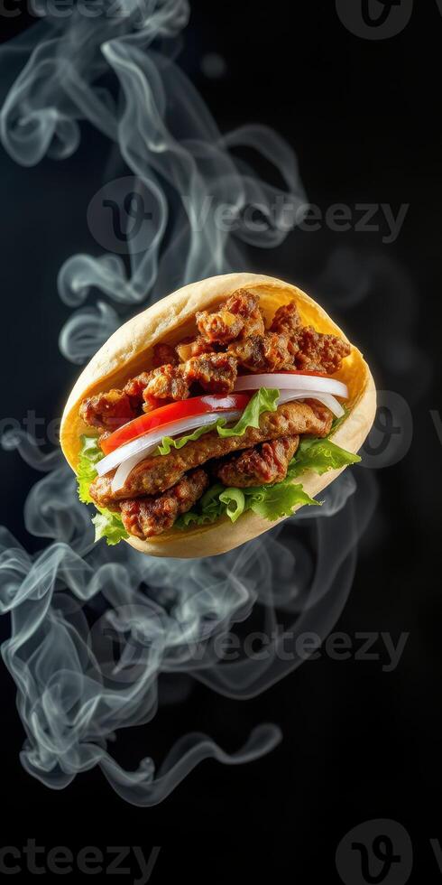 Tasty fried chicken wrap with fresh vegetables and smoky background photo
