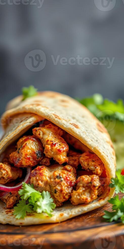 Delicious spicy chicken wrap served with fresh herbs and garnishes in a cozy setting photo