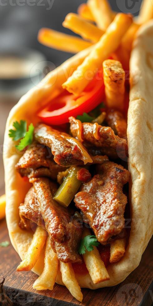 Delicious wrap filled with savory beef, crispy fries, and fresh vegetables served in a warm tortilla photo