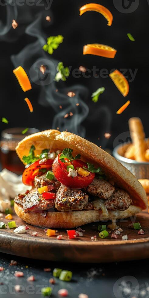 Delicious grilled chicken sandwich with fresh vegetables and flavorful herbs on a wooden table photo