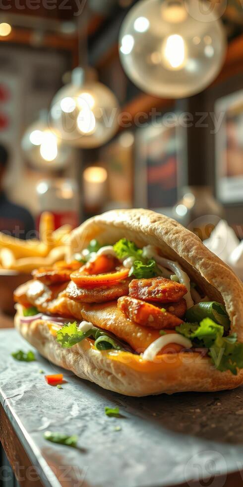 Savory sandwich loaded with grilled chicken and fresh vegetables in a cozy eatery setting photo