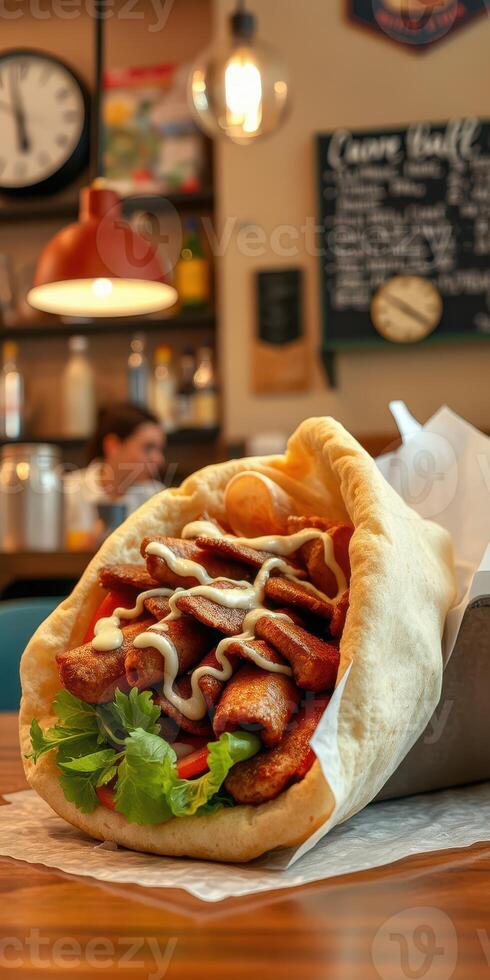 Delicious Turkey Wrap with Fresh Vegetables Served in a Cozy Cafe Setting photo