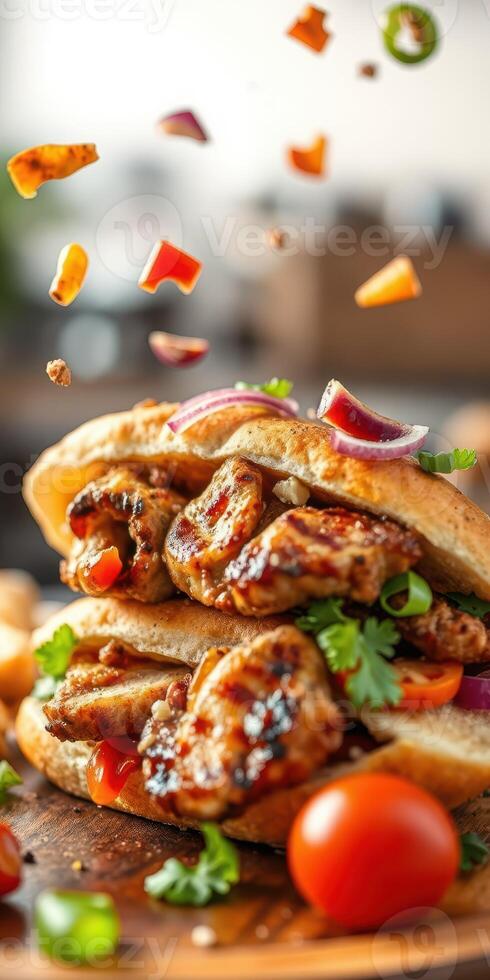 Delicious grilled chicken sandwich with fresh vegetables and sauces ready to be enjoyed at a casual eatery photo
