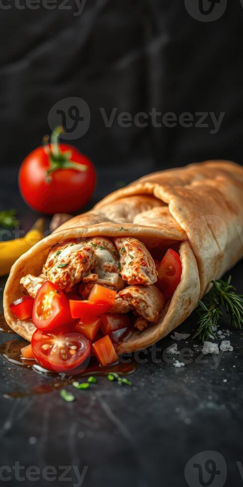 Delicious wrap filled with grilled chicken, fresh tomatoes, and herbs on a dark background photo