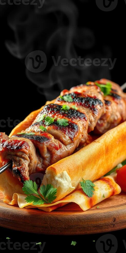 Grilled meat skewer served in a toasted bread with herbs and spices in a dark setting photo