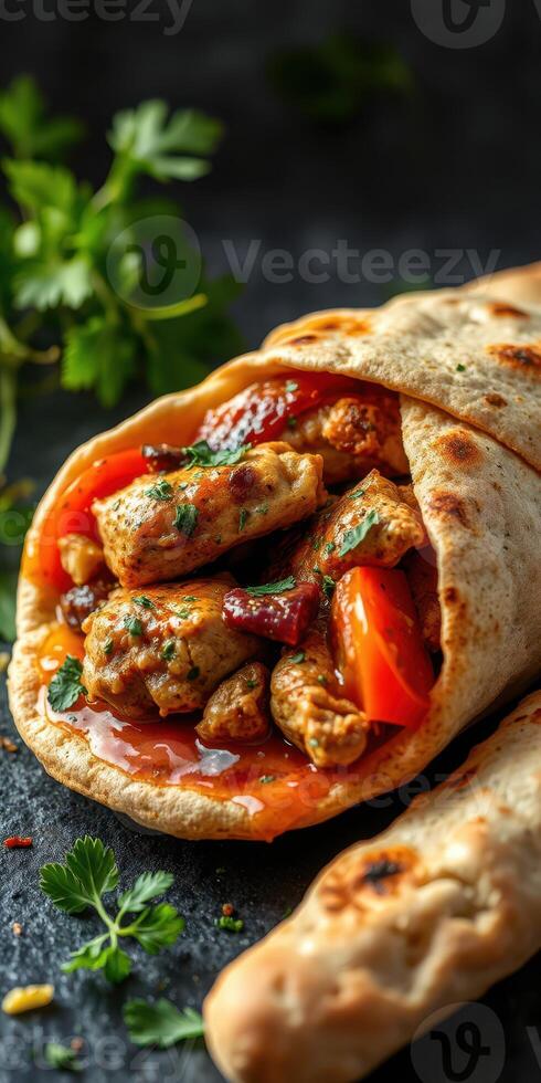 Juicy chicken wrap with colorful peppers and herbs on a dark background served with fresh garnish photo